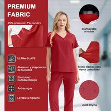 Conjunto 2 Piezas Uniforme Médico para Dama, Top Escote en V Manga Corta con Pantalón Cintura Elástica y Cordón, Ropa de Trabajo Stretch Transpirable para Enfermería, Clínica Dental - Rojo - Ver 2