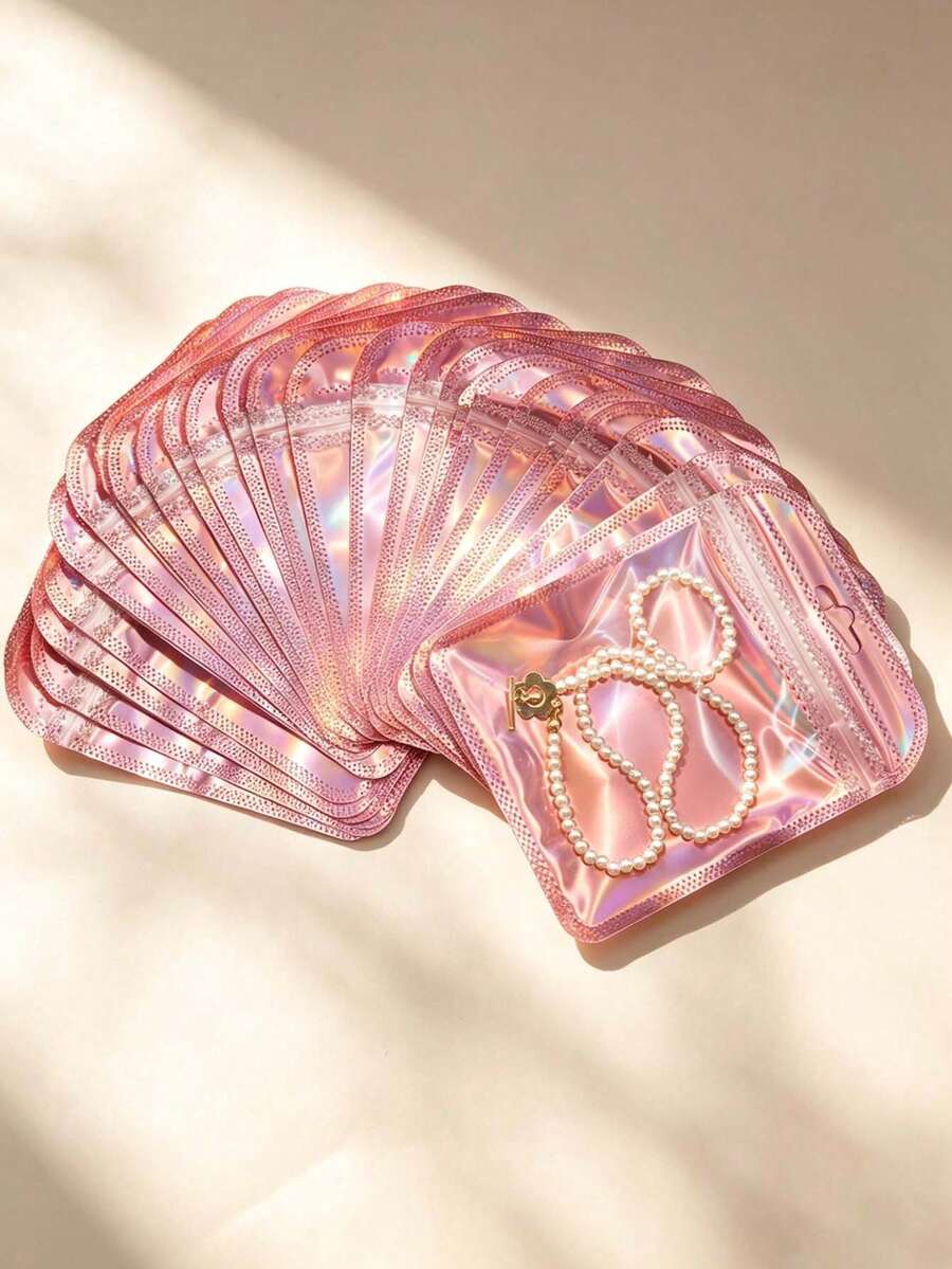 20pcs Laser Iridescent Pink Self-Sealing Jewelry Bags, Moisture-Proof Dust-Proof Anti-Oxidation, Portable Storage For Earrings Necklaces Accessories - Multicolor - View 1