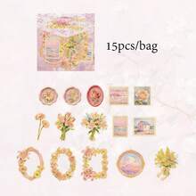 15pcs Gold Foil Oil Painting Style Stickers, Vibrant Colors Exquisite Illustration, Multi-Functional Scrapbook Stickers Decoration Art Journal, Card Making, Handmade Craft DIY Stickers, Holiday Gift - Sticker - View 9