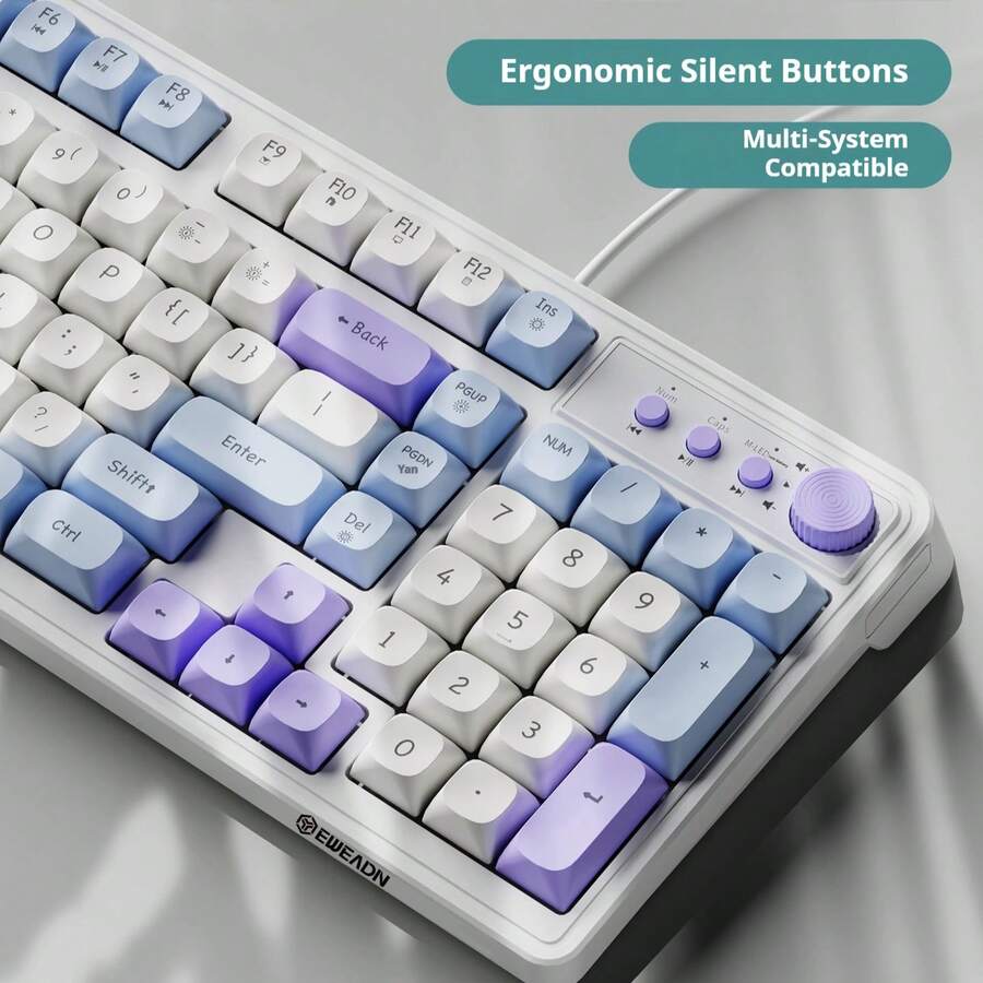 EWEADN Wired Keyboard, Full-Size Layout With Number Pad, Rainbow Backlit Keys, Ergonomic Design, Multifunctional Media Knob, Ball-Top Keycaps, Stylish Green & Blue Color Options, Comfortable Typing For PC, Laptop, Desktop, Office & Gaming - View 1