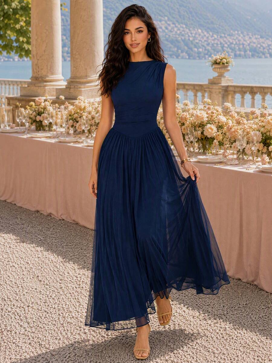 MIUSOL Half Neck Sleeveless Ruched Mesh Formal Party Long Dress,Autumn Dress,Evening Dress,For Wedding Guest,Graduation,Dinner - Navy Blue - View 1
