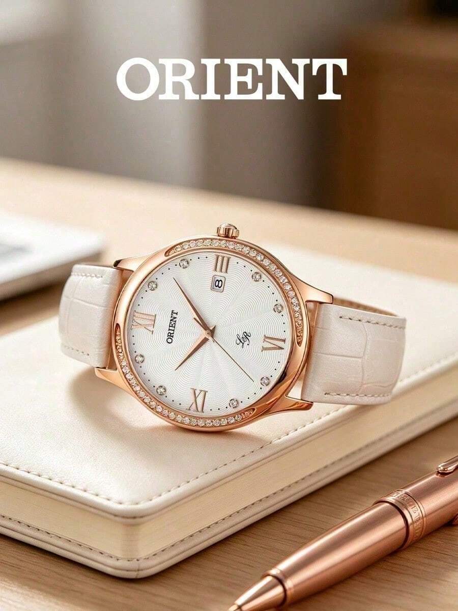 Orient Women's Rose‑Gold Tone Three‑Hand Quartz Watch Single‑Date Window White Croc‑Embossed Leather Strap Minimal‑Luxury Daily Ladies Watch - White - View 1