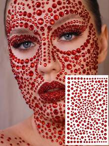 1pc 3D Halloween Red Rhinestone Face Sticker, Festival Face Jewelry Makeup, Hair Rhinestones, Eye Rhinestones, Body Rhinestones, Self-Adhesive Rhinestone Set For Face, Eyes, Body, Hair, Suitable For Halloween Party And Music Festival - Red - View 2
