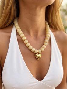1pc Vintage French Elegant Fashion Hip Hop Bohemian Style Beige Resin Acrylic Beaded Gold Heart Pendant Accessory Minimalist Women's Adjustable Necklace Set Personalized Exaggerated Unique Y2K Layered Y-Shaped Chain Collarbone Chain Sweater Chain Suitable For Women Autumn Winter Vacation Party Evening Banquet Music Festival Date Gift Daily Wear All Season Versatile Jewelry - Off-white - View 2