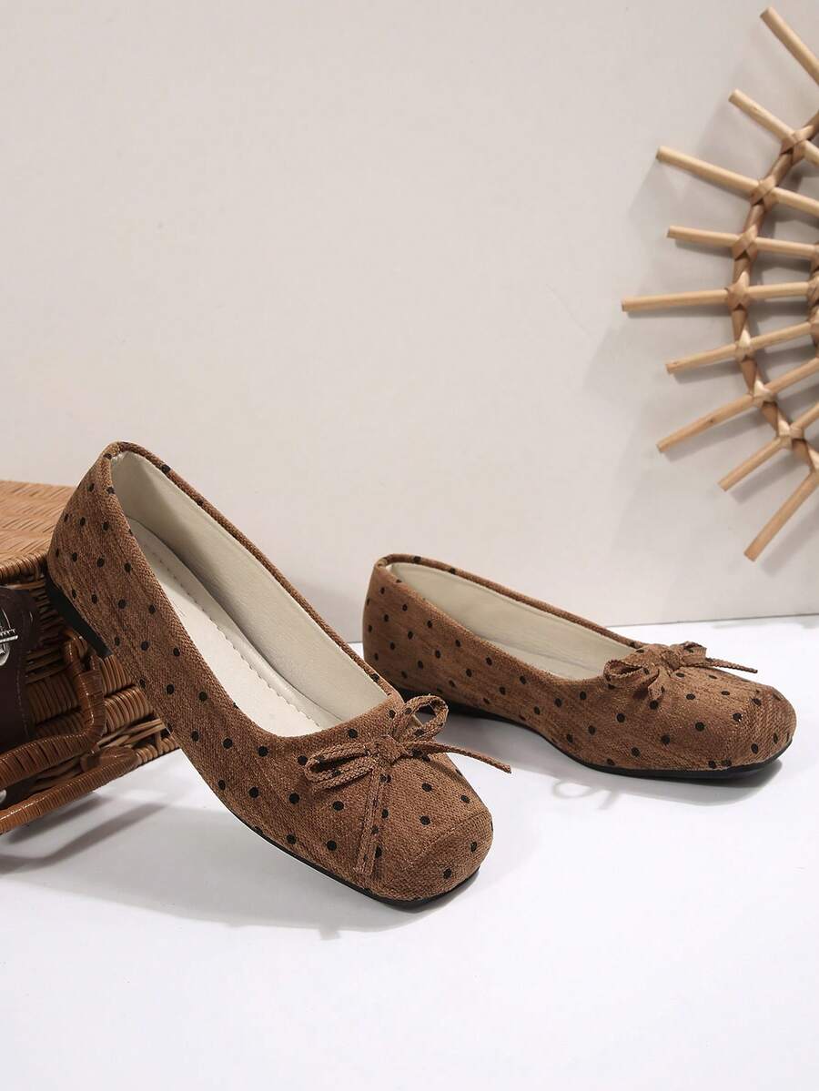 Women's Brown Bow Decor Daily Commute Flat Shoes, Square Toe Low Vamp Minimalist Flat Shoes, Comfortable And Lightweight, - Brown - View 1