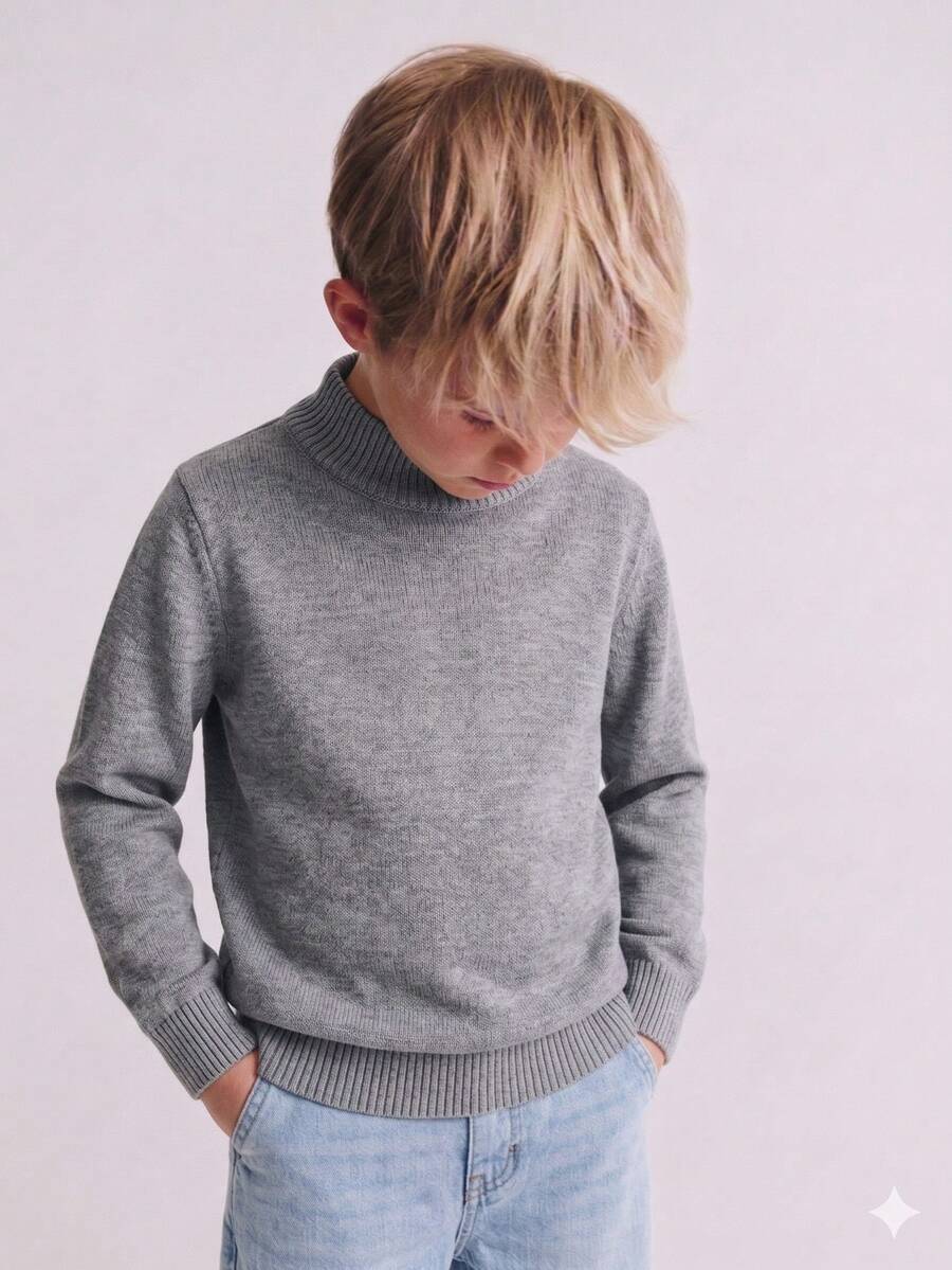 Boys' Simple Solid Gray Mock Neck Long Sleeve Knit Sweater Pullover, Casual Versatile For Daily Wear, School, Spring, Autumn, Winter - Grey - View 1