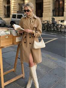 女款百搭優雅度假風秋冬風衣，時尚優雅通勤休閒外套，英倫風中長款風衣夾克，優雅女款卡其色翻領風衣 - 深卡其 - 查看 5