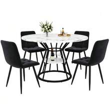 5-Piece Dining Set, Round Dining Table, 100 X 100 X 76 Cm (Includes 4 Chairs), Round Coffee Table For 4 People, Velvet Chair (Includes Dining Table With Marble Top), Black Chair - Black - View 1