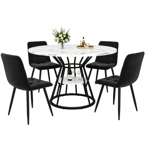 5-Piece Dining Set, Round Dining Table, 100 X 100 X 76 Cm (Includes 4 Chairs), Round Coffee Table For 4 People, Velvet Chair (Includes Dining Table With Marble Top), Black Chair - Black - View 1