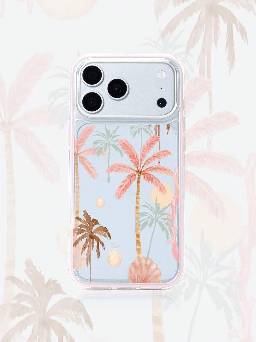 1pc Pink Frame Transparent Minimalist Lens Protection Anti-Drop Anti-Collision Colorful Sun & Coconut Tree Pattern Phone Case, Personalized Compatible With IPhone 16 Pro Max/18/17/16/15/14/13/12/11/Air And Series - Multicolor - View 1