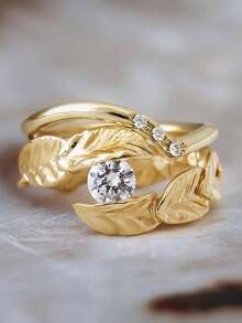 2pcs/Set 18K Gold Plated Luxury White Gemstone Rings, Petal Leaf Rings, Rhinestone Rings, Exquisite Holiday Party Gift For Women - Yellow Gold - View 6