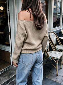 Höst/vinter ny 2 i 1 tröja med V-ringning, off-shoulder och halterneck - Kaki - Visa 3