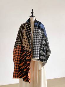 1pc Elegant Geometric Pattern Jacquard Faux Cashmere Warm Scarf, Cold-Proof Neck Warmer, Women's Autumn/Winter Fashion Versatile Air Conditioning Shawl Blanket, Suitable For Daily Matching And Decorative Use - Multicolor - View 8