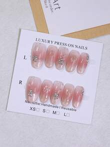 10pcs Pink Ombre Cat Eye Handmade Press On Nails Oval Medium Long False Nails With White Snowflake Print Silver Line & 3D Rhinestone Pearl Decor, Reusable Acrylic Fake Nail Tips For Autumn & Winter Women Party Daily Wear - Pink - View 12