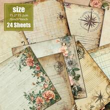 Vintage Rose Old Letter Scrapbook Paper 24 Sheets 6 Inch Aged Yellowed Manuscript Rose Compass Pocket Watch Pattern Junk Journal Collage Photo Album Greeting Card Decoration Background Paper - Square - View 1