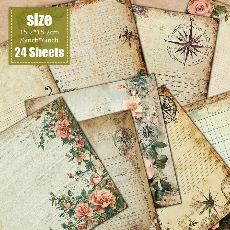 Vintage Rose Old Letter Scrapbook Paper 24 Sheets 6 Inch Aged Yellowed Manuscript Rose Compass Pocket Watch Pattern Junk Journal Collage Photo Album Greeting Card Decoration Background Paper - Square - View 1