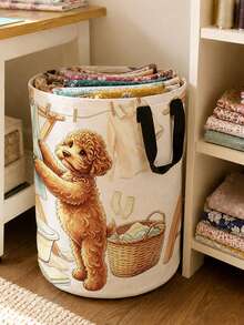 Watercolor Teddy Dog Pattern Design Foldable Laundry Basket With Laundry Clips, Breathable Fabric Dirty Clothes Bin, Bathroom Bedroom Storage Box, Miscellaneous Storage Basket, Suitable For Bathroom Bedroom Living Room, Home Gift - Multicolor - View 8