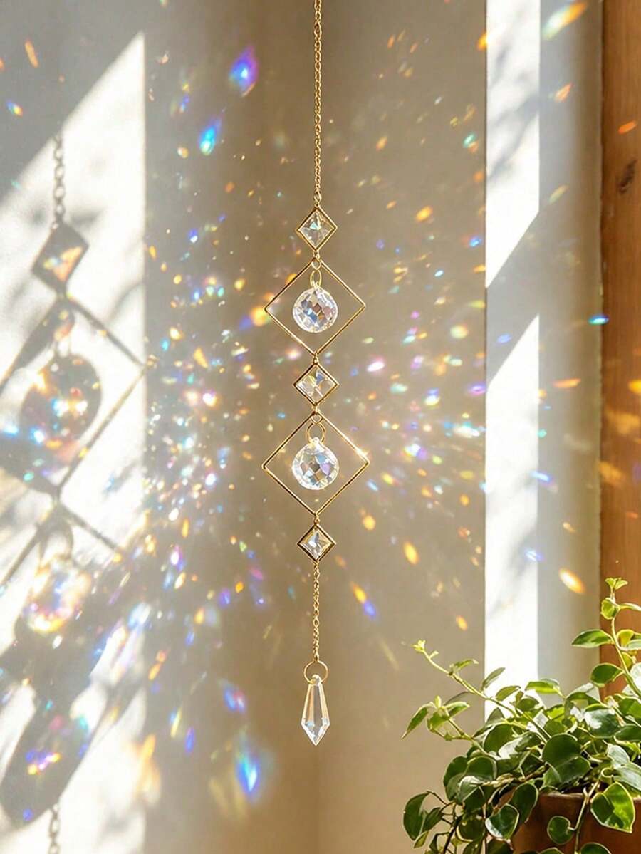 1pc Geometric Crystal Suncatcher Hanging Prism Window Decor, Wall Hanging Home Decoration For Bedroom Living Room Balcony Garden Porch Apartment Room, Bohemian Aesthetic Gift, Seasonal Sunlight Sparkling Accent Art - Multicolor - View 1