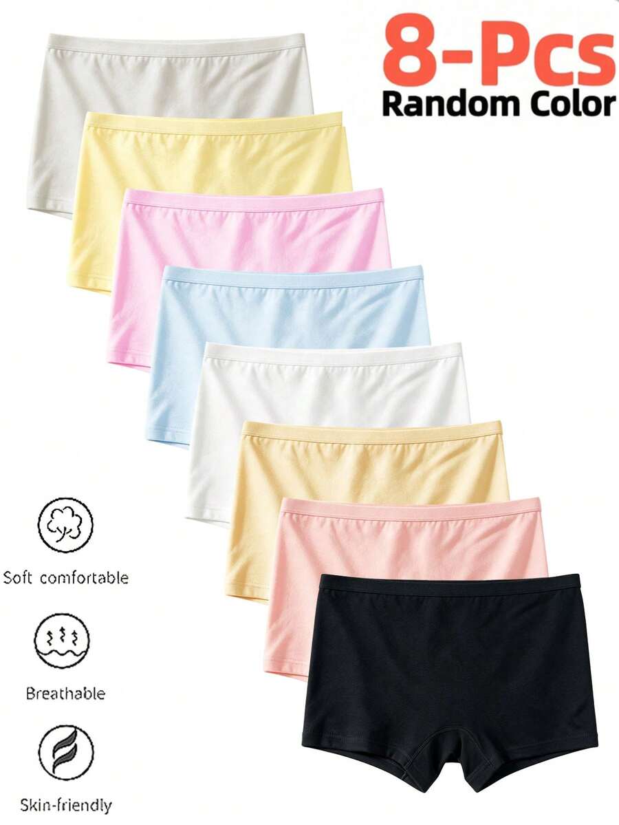 8pcs Girls Candy Color Cute Square Panties, Comfortable Breathable Polyester Boxer Briefs, Fashionable FASHION Letter Elastic Waistband With Lightweight Colorful Fabric Underwear - Multicolor - View 1