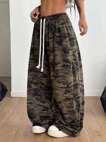Plus Size Women's Camouflage Drawstring Wide Leg Pants, Casual Loose Long Streetwear Style - Army Green - View 2