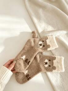3 Pairs Randomly Shipped Vintage Cartoon Bear Plush Mid-Calf Socks Soft Mink Fur Autumn Winter Home Sleep Floor Socks - Multicolor - View 2