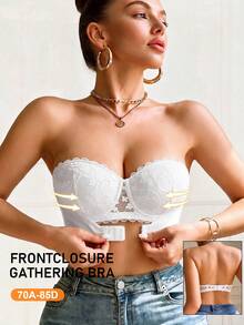Lace Bandeau Non-Slip Underwire Push-Up Bra, Front Closure Design, Suitable For Small Bust, Comes With Invisible Straps, Multi-Wear - White - View 2