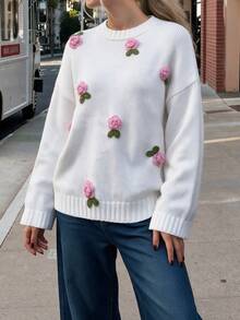 NOVELLE Women's Elegant White Knit Sweater With Pink Roses, Crew-Neck Sweet Top For Autumn & Winter, For Shopping, Dates, Commute & Parties - White - View 6