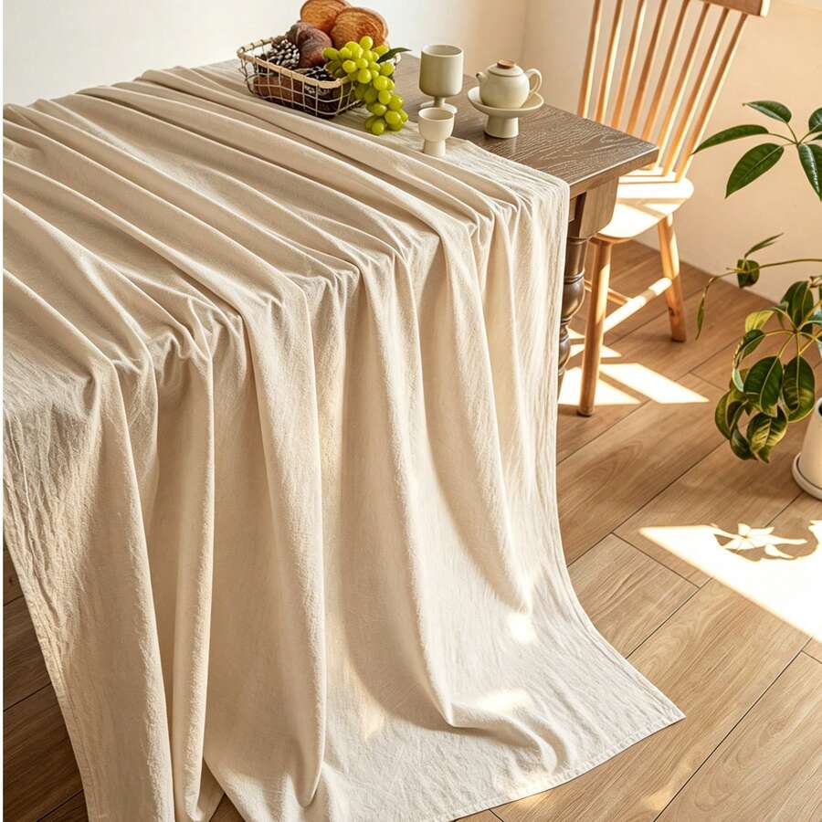 1pc French Style Washed Cotton Tablecloth Beige Solid Color Textured Atmosphere Dining Table Cover Home Use Rectangular Coffee Table Cloth - Beige - View 1