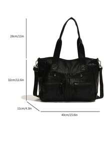 Tote Bag With Detachable Long Shoulder Strap For Shoulder, Crossbody And Hand Carry, Large Capacity With Multiple Compartments For Storage, Zipper Closure, Vintage Distressed Casual Style, Suitable For Commuting, Travel And Short Trips, Black Textured Tote Bag, Versatile Practical Multi-Pocket Women's Travel Bag - Black - View 7