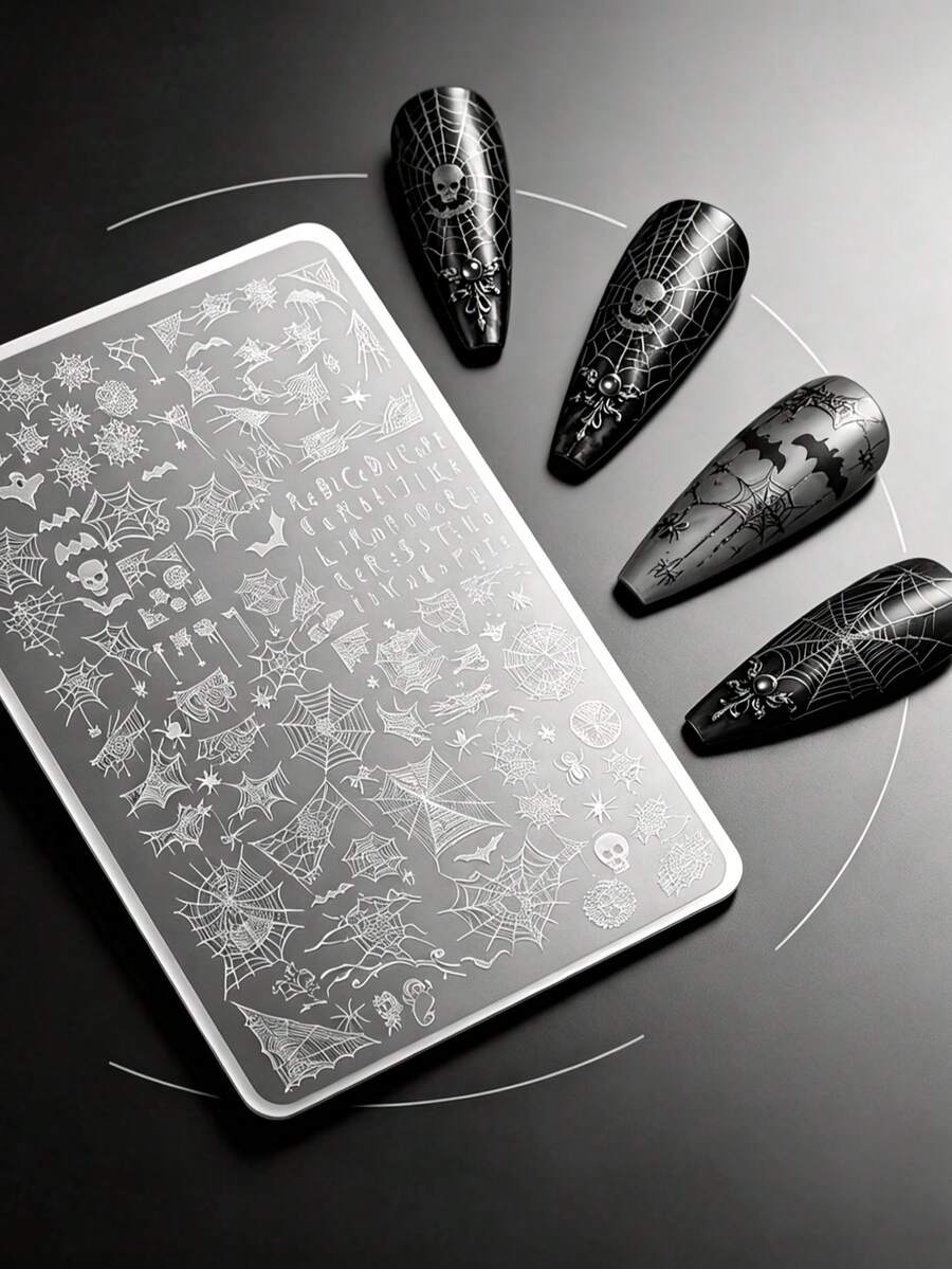 Halloween Spider Web Nail Art Transfer Steel Plate, Skull Bat Spider Pattern Full Coverage, Layered Spider Web Design, Gothic Letters Scattered Between Grids, Clear And Vivid Pressed Pattern, Smooth Edges Without Lifting, Easy To Apply On Nail Surface And Corners, Dark Atmosphere Spreading On Fingertips, Silver Powder Adds Cold Elegance, Interesting Layered Spider Web Design, Each Grid Pattern With Different Expression, Spider Poses Vary, Web Texture With Layered Density, Light Scratch Reveals Details, Gothic Style Around Fingertips
