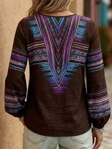 Plus Size Women's Bohemian Style V-Neck Long Sleeve Lantern Sleeve Top, Print Autumn Natural Woven Fabric Blouse - Dark Brown - View 2