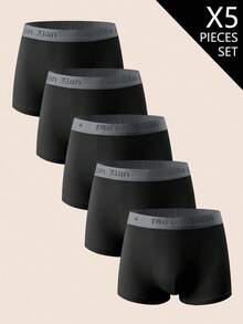 5 piezas de calzoncillos tipo bóxer para hombres cómodos, transpirables y suaves con diseño de letras en la cintura - Blanco - Ver 1