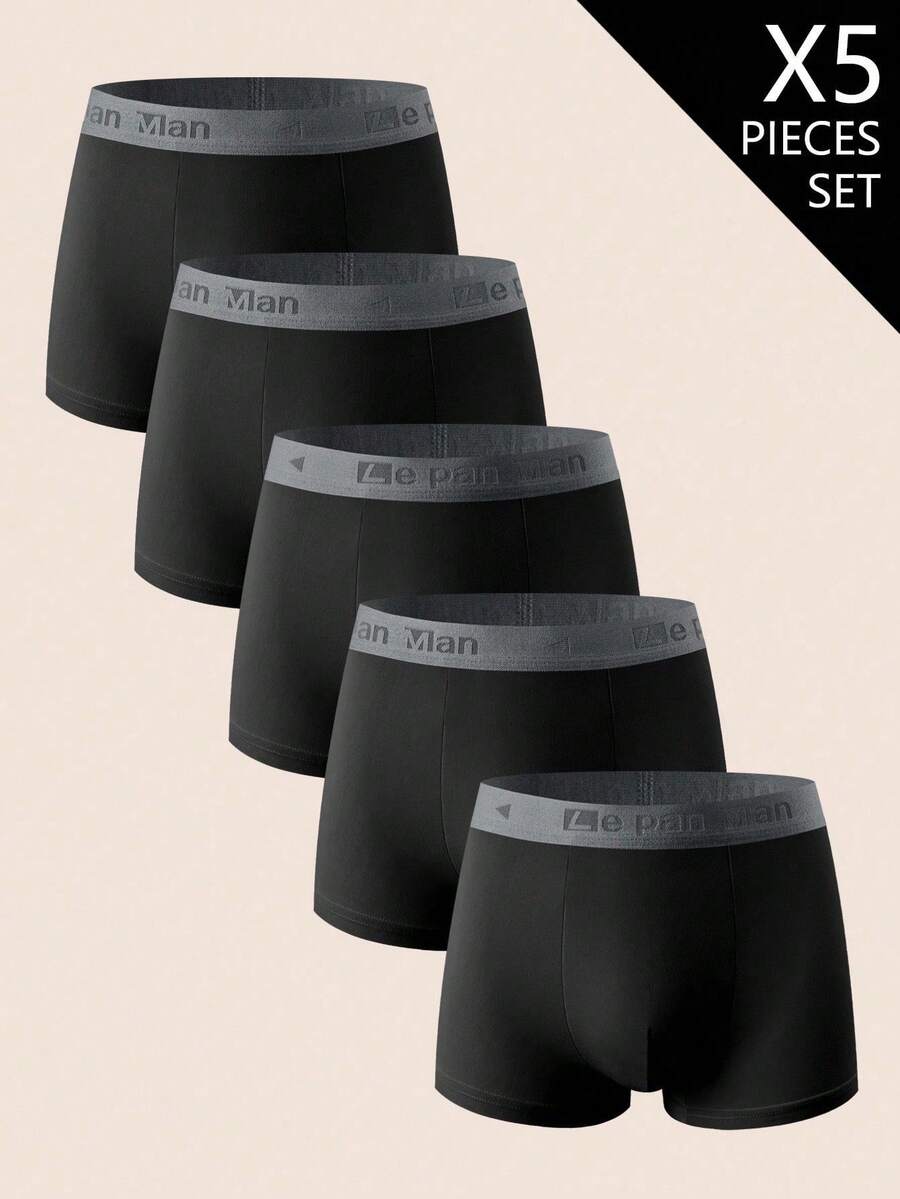 5 piezas de calzoncillos tipo bóxer para hombres cómodos, transpirables y suaves con diseño de letras en la cintura - Blanco - Ver 1