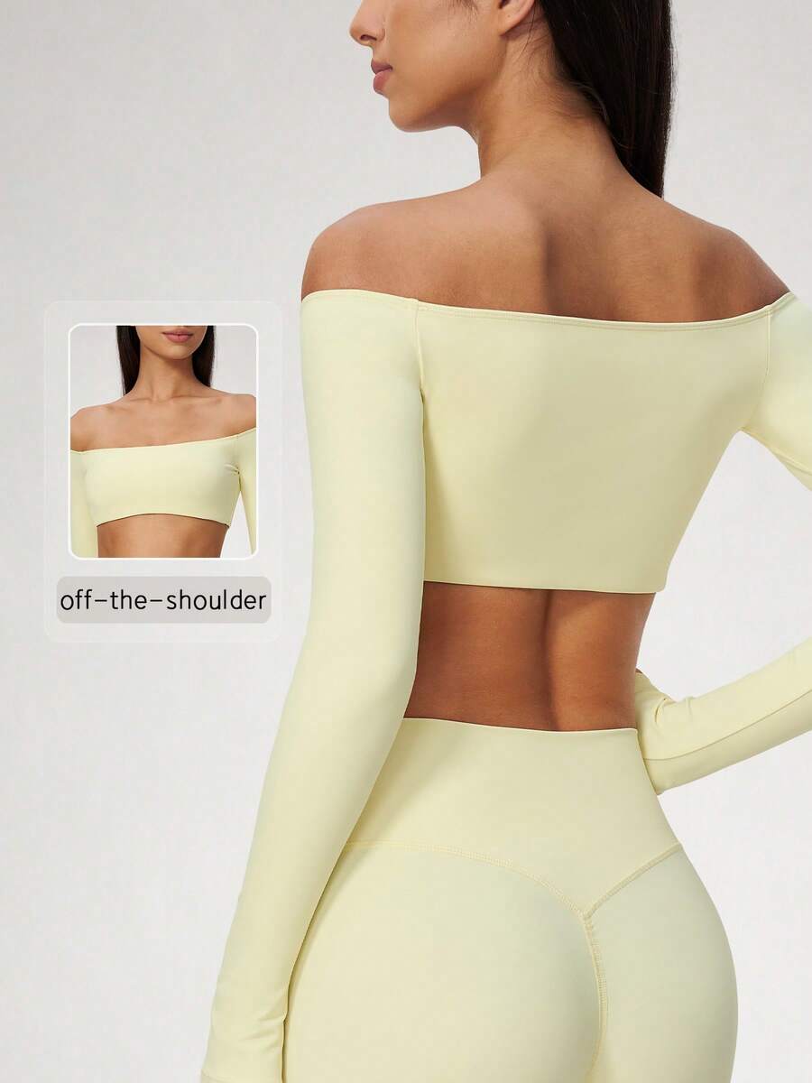 NcmRyu Women's 1pc Solid Color Off-Shoulder Long Sleeve Cropped Top, Highlights Shoulder And Neckline, Fitness Wear - Yellow - View 1