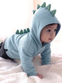 Baby Boy Dinosaur Applique Hooded Sweatshirt, Cool Color Casual Pullover For Autumn - Blue - View 1