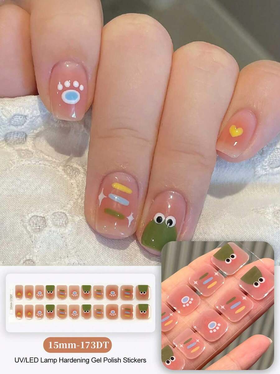 20pcs Semi-Cured Gel Nail Stickers, Long-Lasting Salon Quality, Easy To Apply And Remove, UV Lamp Required - Multicolor - View 1