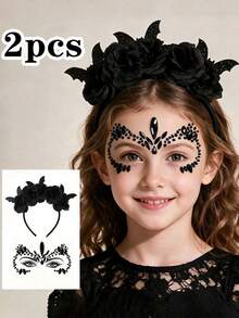 2PCS Halloween Party Headband Set - Includes Flower & Bat Decorated Headbands, Black Rhinestone - Multicolor - View 1