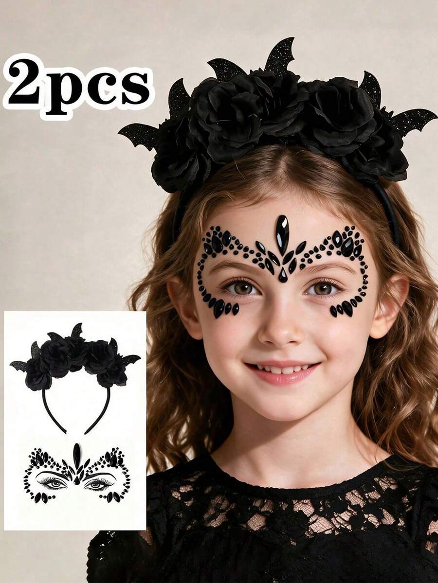 2PCS Halloween Party Headband Set - Includes Flower & Bat Decorated Headbands, Black Rhinestone - Multicolor - View 1