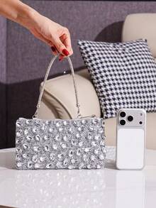 Shiny Rhinestone Evening Clutch Bag, Party Bag, Elegant Handbag For Evening Gown, Shoulder Crossbody Bag, Envelope Bag, Phone Bag, Lipstick Bag, Fashionable Bag - Silver - View 5