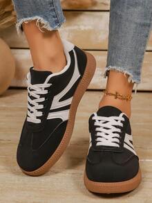 Spring Autumn Geometric Pattern PU Leather Lace-Up Sports Shoes Outdoor - Black - View 3