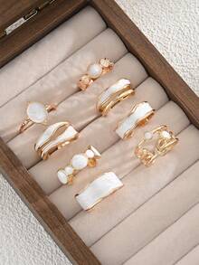 8pcs/Set Fashion Ins Style Vintage Moon Star Wave Geometric Stackable Rings Set, Suitable For Women's Daily Commute, Party And Vacation Wear - White - View 3