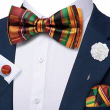 4Pcs Men Orange Striped Bow Tie Pocket Square Cufflinks Boutonniere Set For Wedding Business Party - Orange - View 2