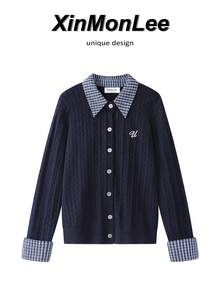 學院風復古格紋領拼接刺繡針織開襟衫，假兩件式針織衫，青春優雅休閒，適合秋季度假旅行與日常穿著 - 藍色 - 查看 1