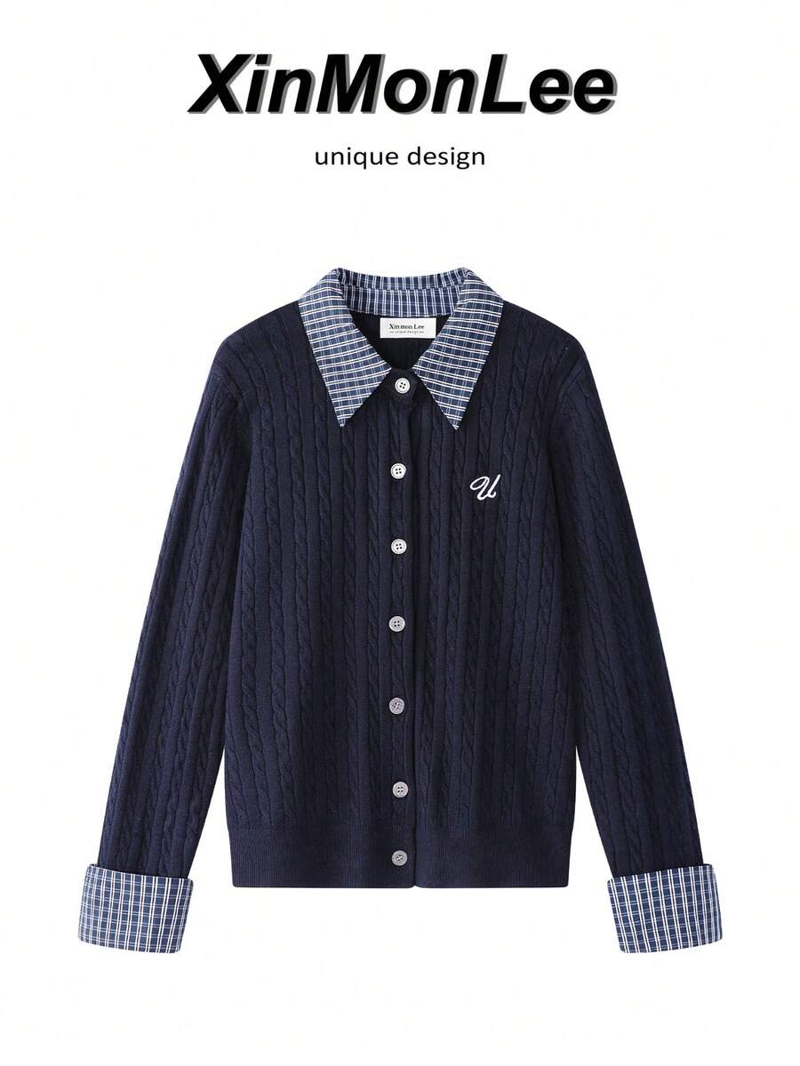 學院風復古格紋領拼接刺繡針織開襟衫,假兩件式針織衫,青春優雅休閒,適合秋季度假旅行與日常穿著 - 藍色 - 查看 1