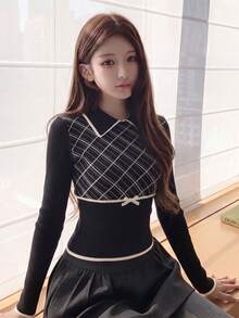 秋冬韓系甜美休閒風女款菱格紋蝴蝶結針織毛衣，翻領撞色學院風上衣，青春顯瘦長袖保暖內搭衫，初秋新品 - 黑色 - 查看 2