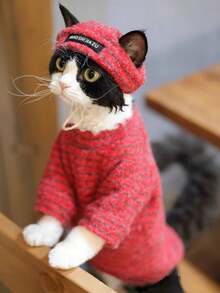 1pc Pet Cat Clothes Autumn/Winter Warm Fleece Two-Legged Outfit For Devon Rex Hairless Cat, Siamese Cat, Cute Striped Home Wear, New Warm Two-Legged Cat Clothes - Red - View 9