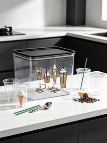 Snow-Capped Coffee Drink Pattern And Letter Print, Transparent Sealed Coffee Storage Jar, Sealed Plastic Food Container, Large Capacity, Dustproof And Moisture-Proof, Kitchen Countertop Coffee Area Storage Box, Decoration, Kitchen Countertop Storage, Coffee Lover Gift - Multicolor - View 3