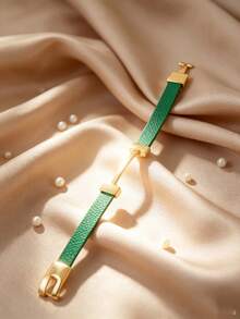 1pc Fashionable Elegant Gold Letter Artificial Leather Personalized Women's Bracelet Bangle Jewelry Gift For Girlfriend - Green - View 6
