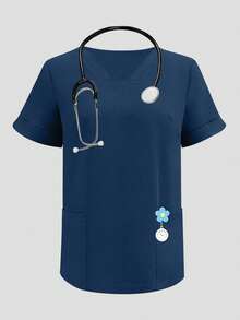 1 Set Solid Color V-Neck Short Sleeve Top And Split Leg Pants Lab Coat Nurse Scrub Scrubs Outfit Fall - Deep Blue - View 6