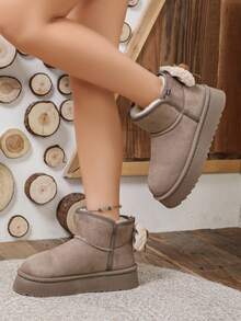 Women's Short Thick Sole Snow Boots, Furry Bow Back, Thermal Lined Warm Height-Increasing Boots - Khaki - View 6